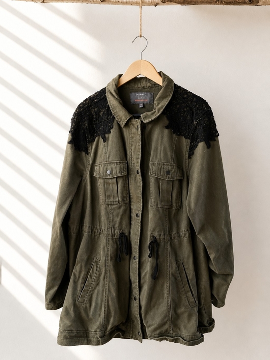 torrid Jackets & Blazers - torrid Olive Green Utility Anorak with Black Lace Shoulders